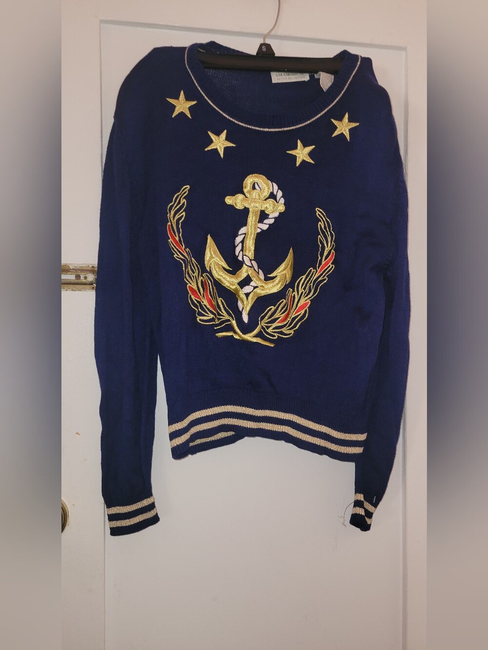 Liz Claiborne Collection Petite Navy Star Sweater with Gold Embroidered Stars